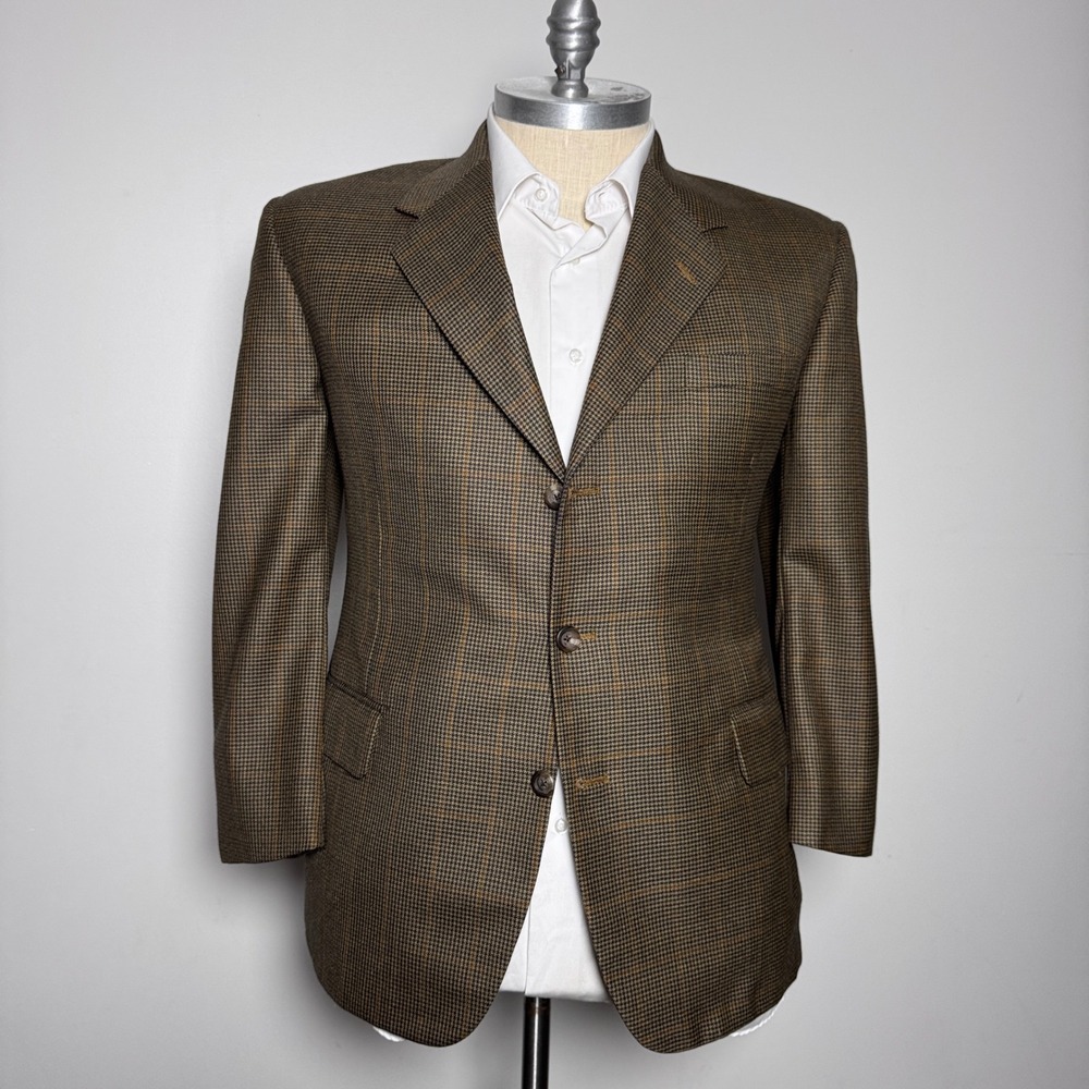 Tom James Blazer Mens 40S Brown Houndstooth Executive Collection Wool 3-Button